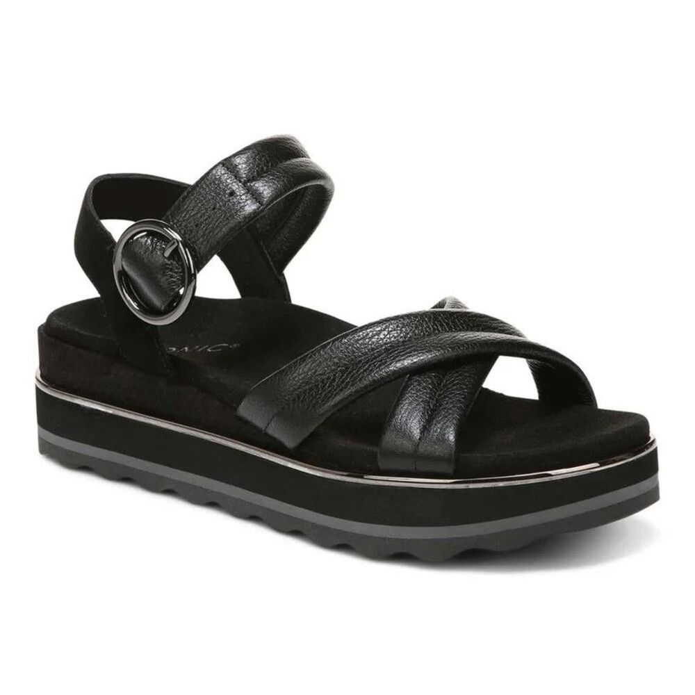 Vionic Women's Black Leather Reyna Flatform Sandals  US 9.5